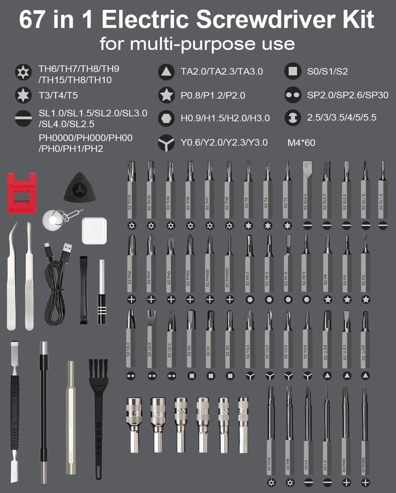 67-in-1 Cordless Precision Screwdriver Kit Rechargeable Magnetic Bits