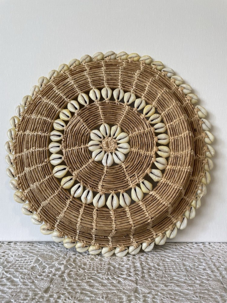 Round Wicker Decorative Basket with Shell Accents, Boho Style, Handmade
