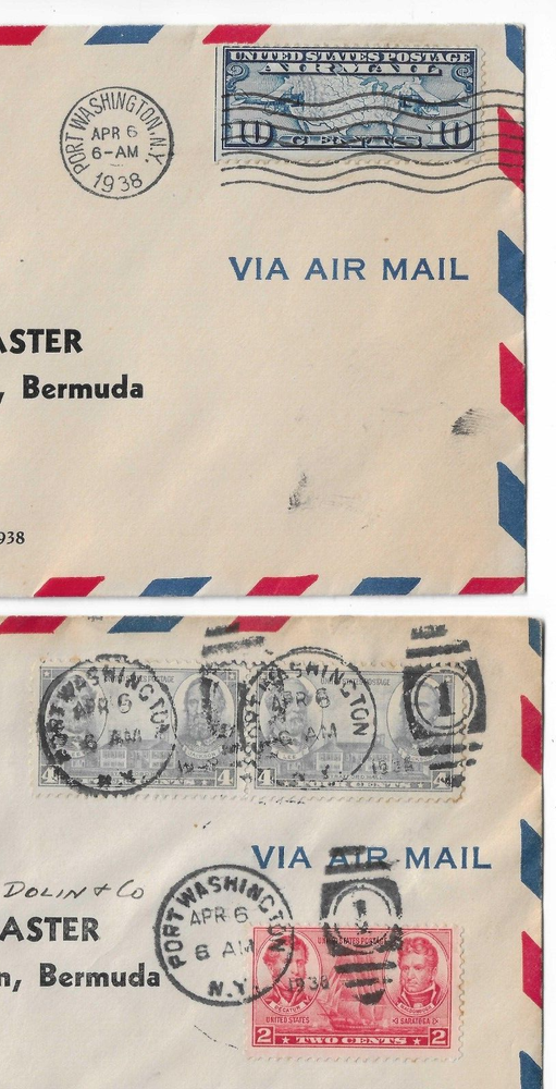 BERMUDA FIRST FLIGHT "PORT WASHINGTON,NY" 1938 2 DIFF POSTMARKS