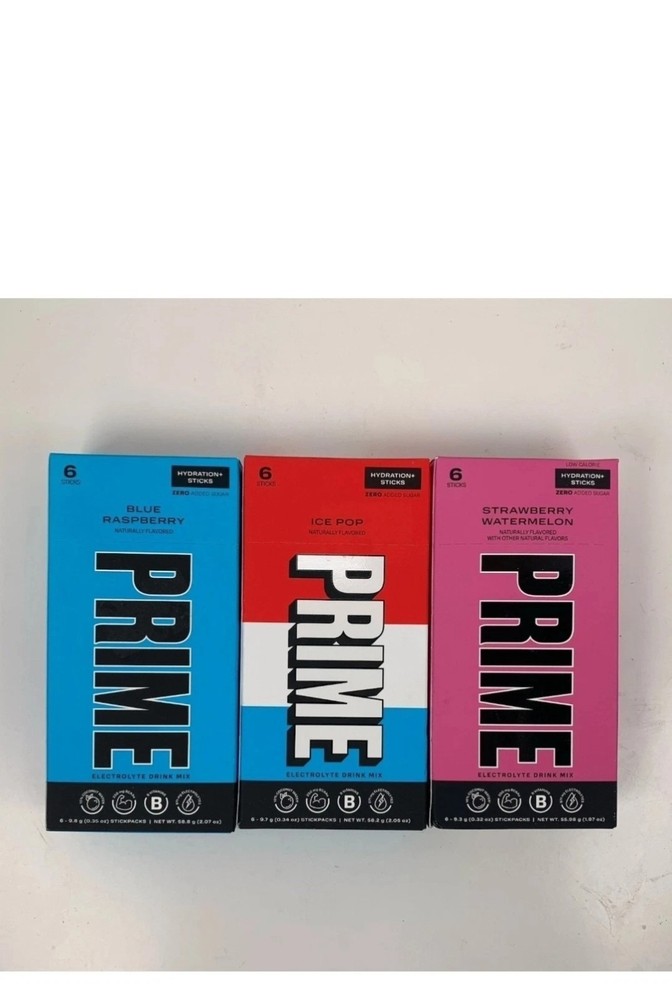 (12) Prime Hydration+ Sticks BLUE RASPBERRY - ICE POP - STRAWBERRY WATERMELON 72