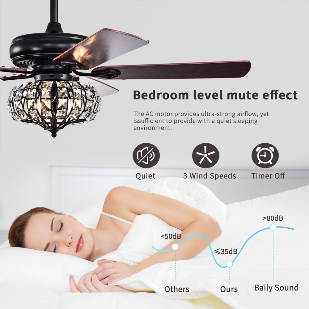52'' Crystal Shade Ceiling Fan Lamp With Remote Control 3 Speed