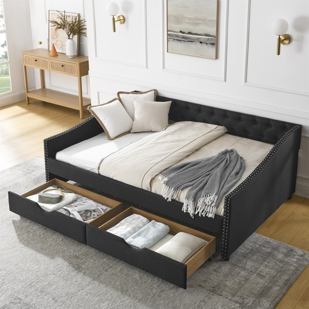 Full Size Daybed Upholstered Bed Frame Sofa Bed w/ 2 Storage Drawers US