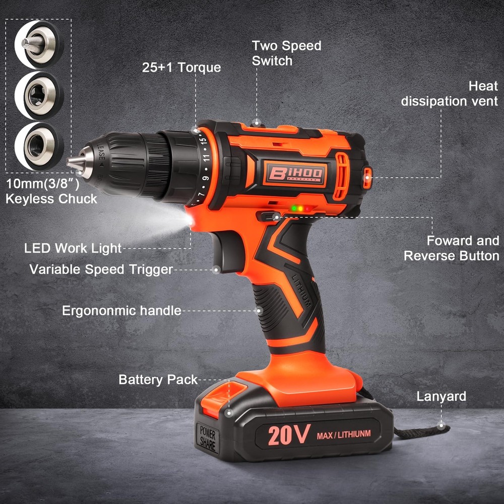 20v Drill Driver Set Cordless Drill Battery Charger 25+1 Torque 43 PCS Bits