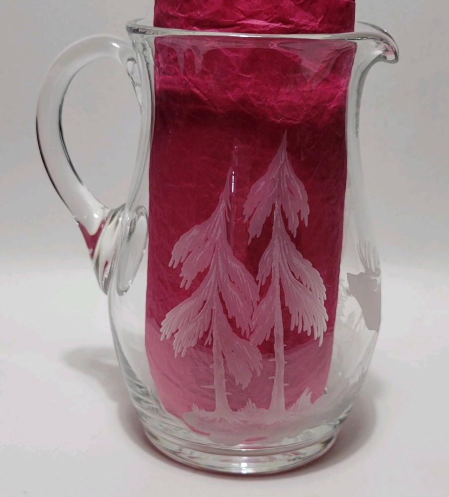 Etched Elk In Forest Crystal Pitcher