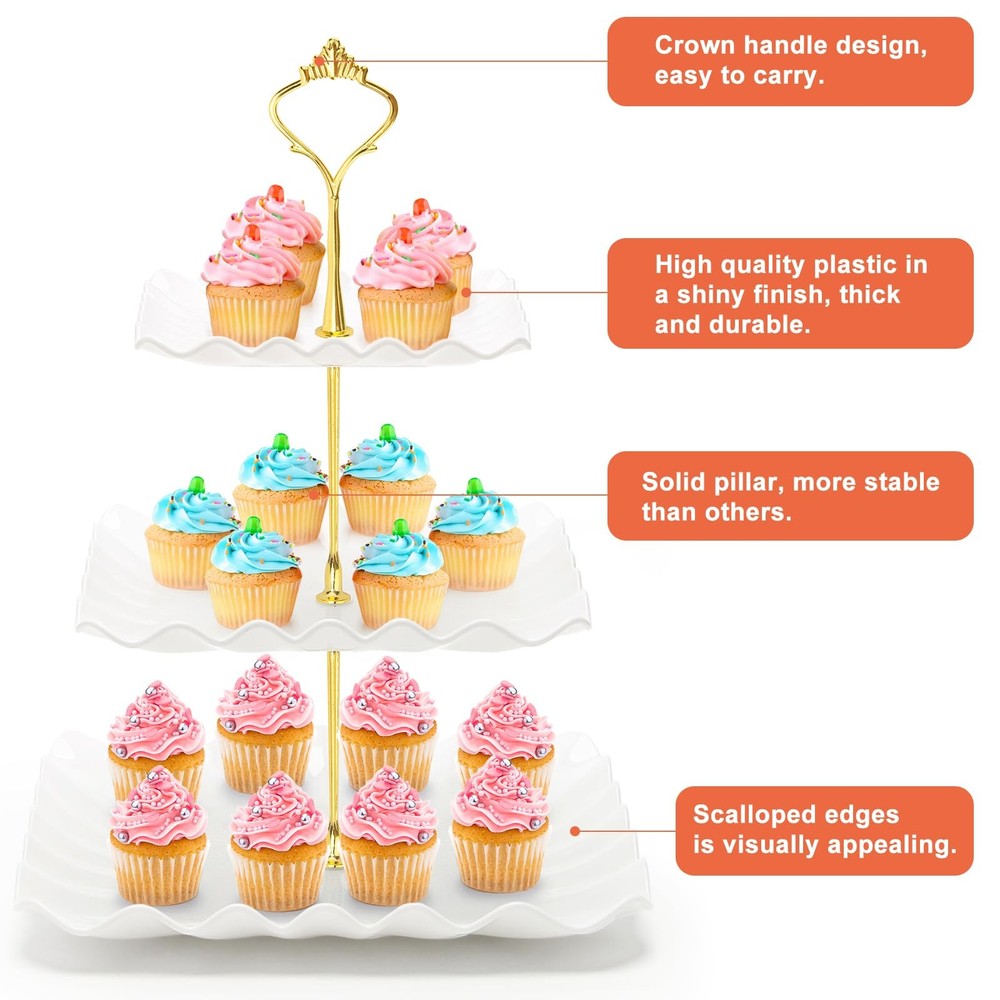 Coitak 3 Tier Cupcake Stand, Plastic Tiered Serving Square White