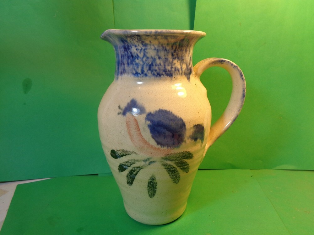 Studio Pottery 8 1/2" Pitcher, Bird Pattern, Signed (Used/EUC)