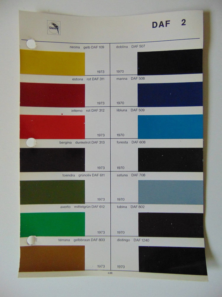 Original Glasurit DAF Paint Chips Sheet - 1970-1973
