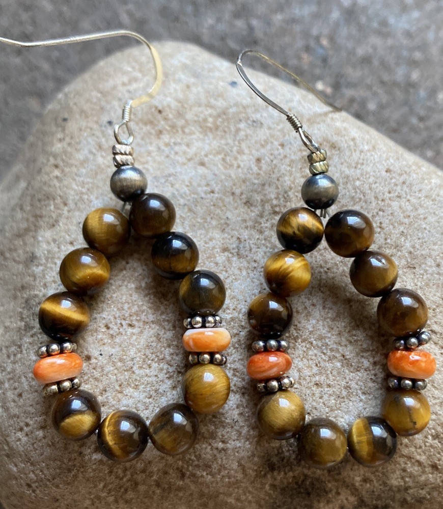 Sterling Silver Tiger’s Eye Spiny Oyster Bead Loop Earrings.