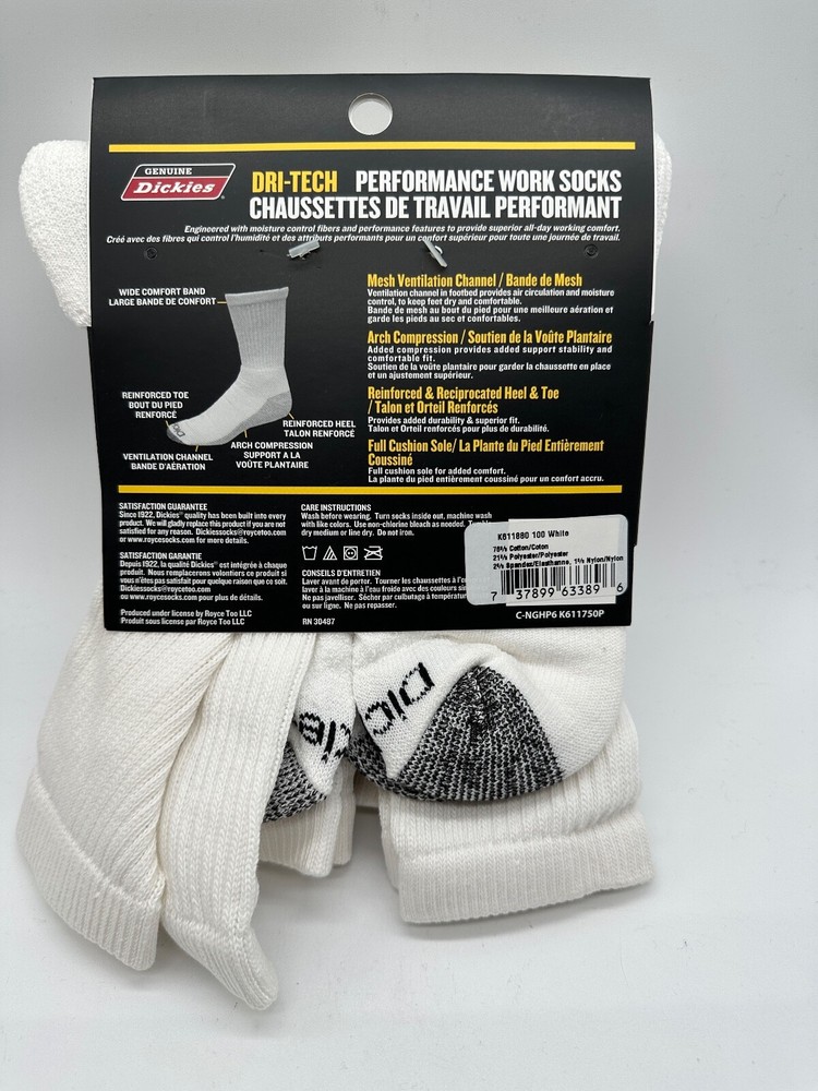 NEW 6 PAIR PACK DRI-TECH CREW GENUINE DICKIES MENS FLEX PERFORMANCE WORK SOCKS