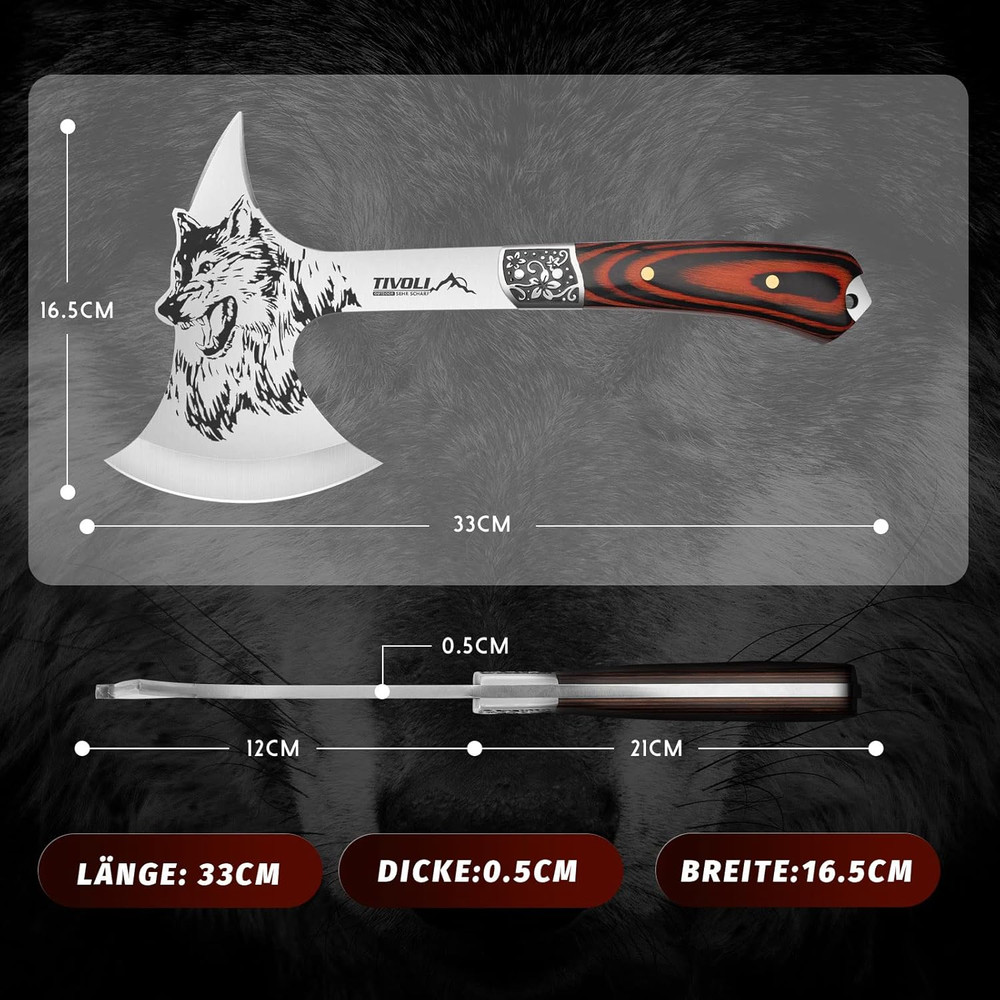 13" Camping Axe, Wolf - Patterned Survival Hatchet with Nylon Sheath, High Carbo