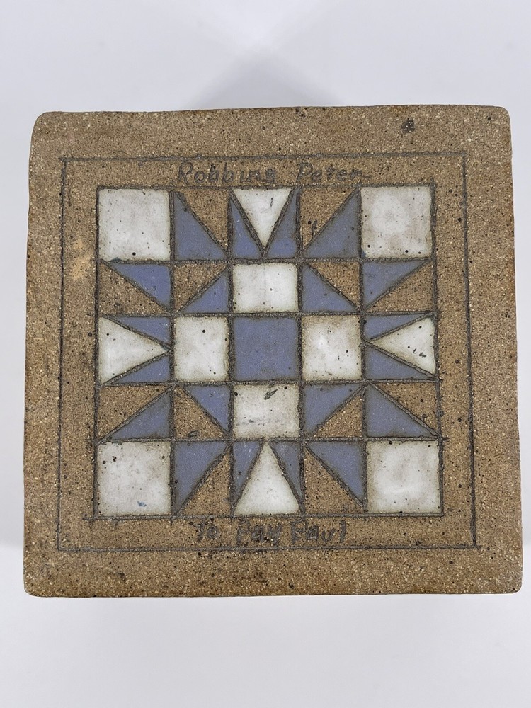 Unique Sandstone Box Hand Painted Glazed White and Blue Design Signed