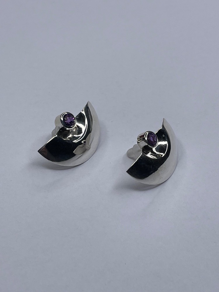 Aztec / Inca Style Sterling Silver Stud Earrings w/ Amethyst Stone