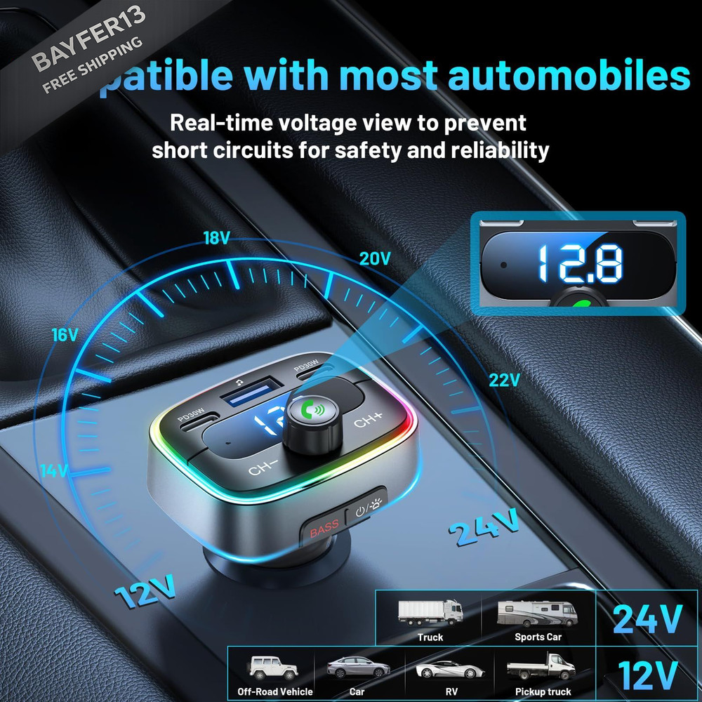 HUNDRUP Bluetooth 5.4 Car Adapter 60W Charging USB Black