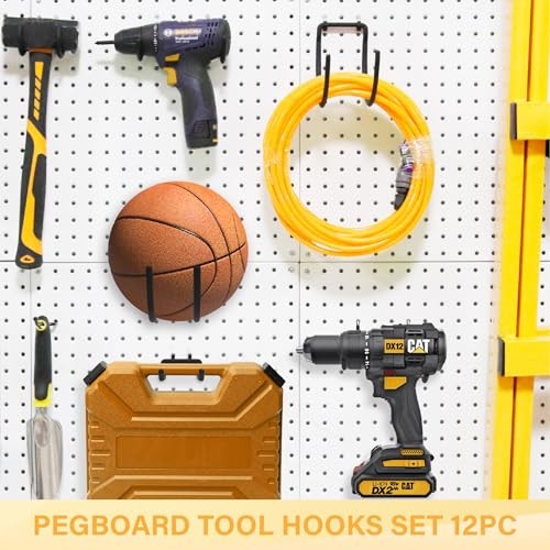 Heavy Duty Pegboard Hooks - Black Peg Board Hooks for Hanging Tools, Drill 12PC