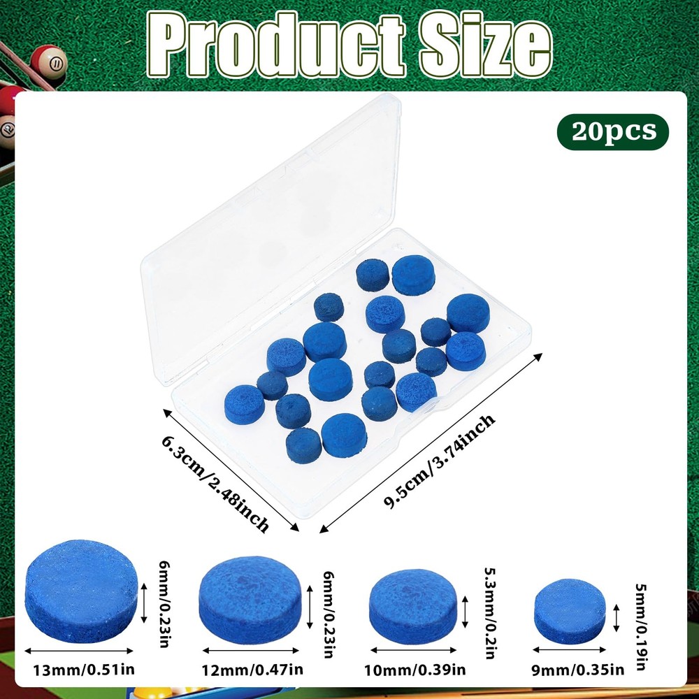Billiard Pool Cue Tips, 13/12/10/9mm, Replacement Tips with Storage Box