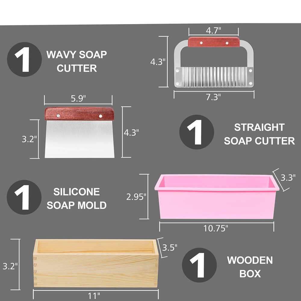 Soap Making Kit, Rectangular Silicone Mold 42oz, Wavy Cutter, Wood Box, Silver