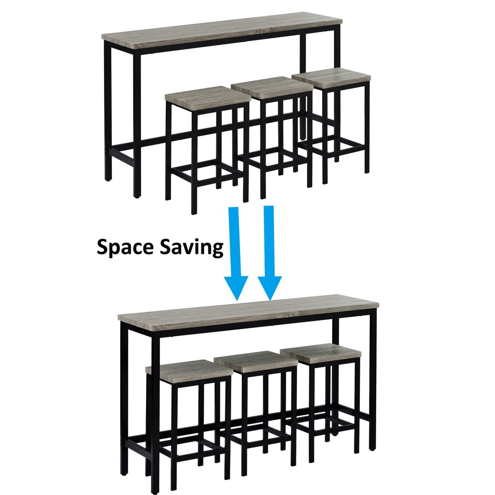 Three-piece set, long dining table with counter height and three stools, grey