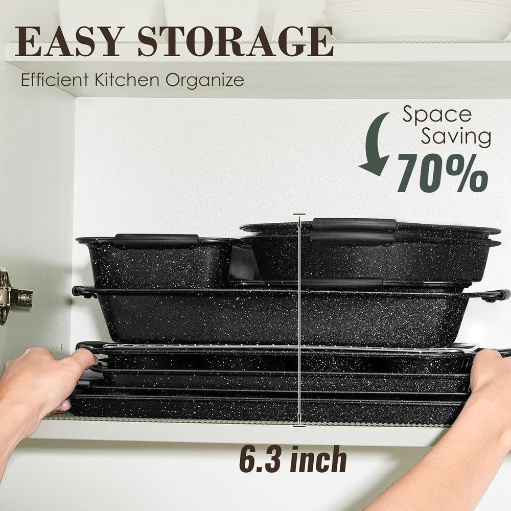 Baking Pans Set Nonstick, Bakeware Sets Stackable with Silicone Handles, 22 Pie