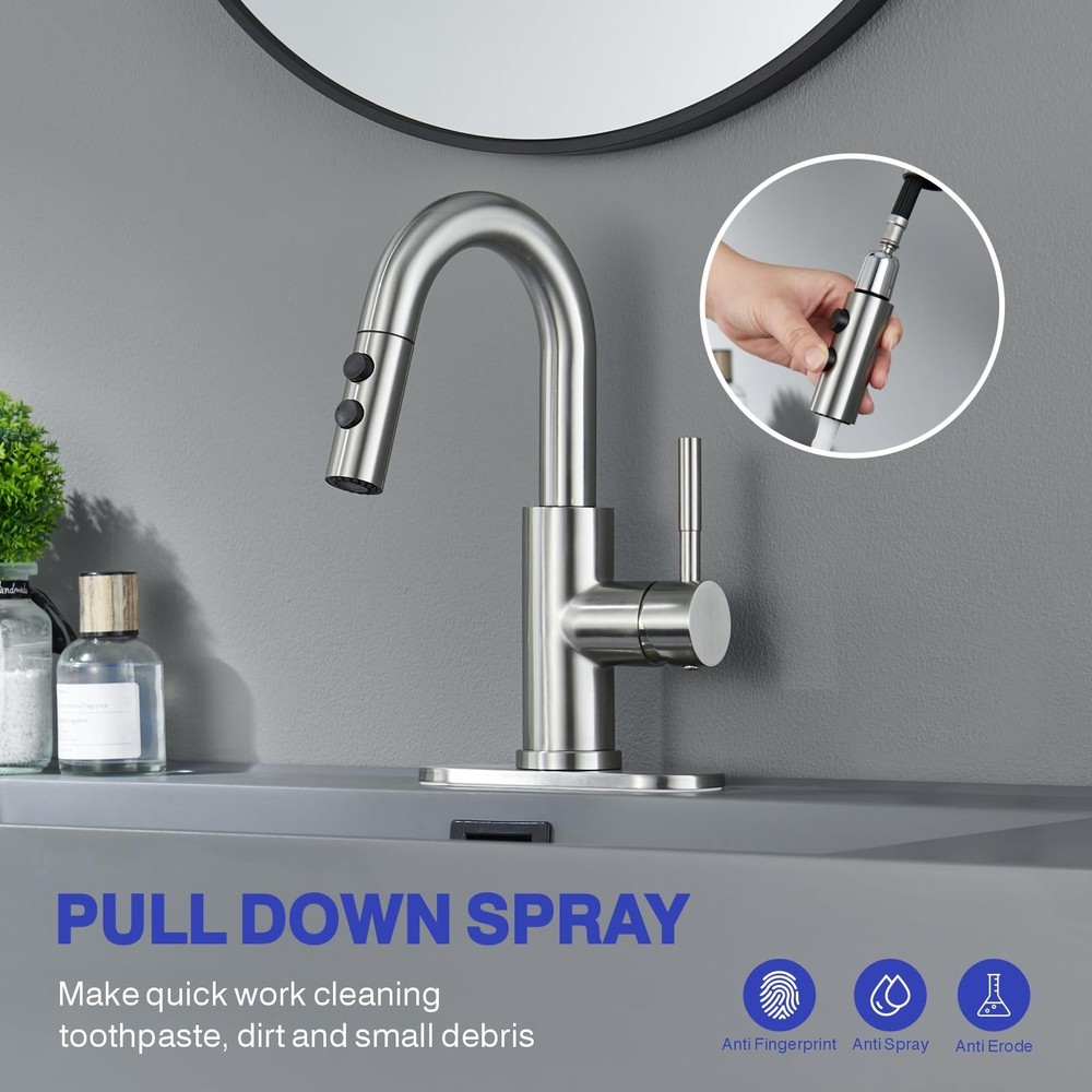 Bathroom Sink Faucet with Pull Down Sprayer, Brushed Nickel Single Handle Pul...
