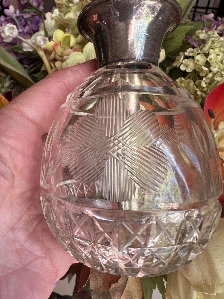 ANTIQUE STERLING SILVER CUT GLASS PERFUME BOTTLE ATOMIZER