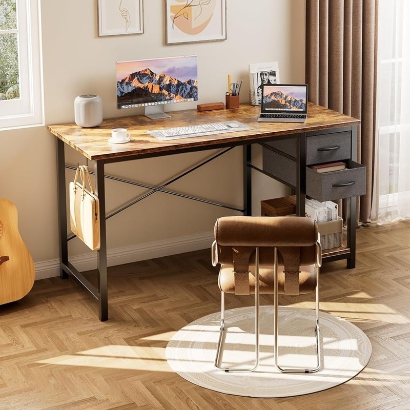 Durable Computer Desk W/ X-Frame Support Adjustable Drawer & Handy Hooks New