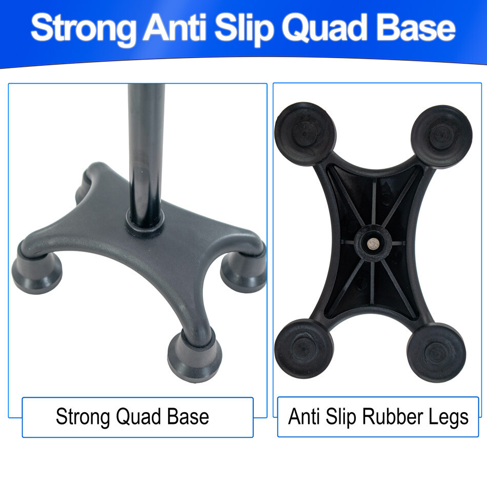 Walking Stick Cane Quad Four Prong Base, Adjustable Dual Handle, Self Standing