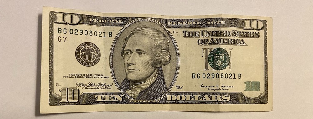 $10 Dollar Bill 1999 ink Error and Misalignment Error