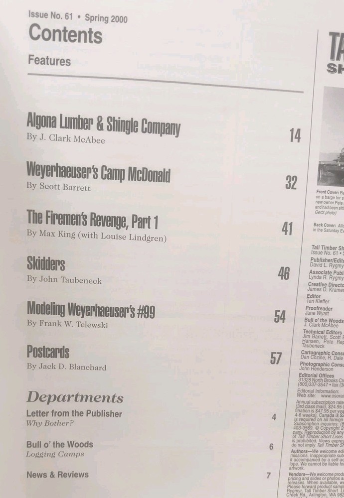 TALL TIMBER SHORT LINES MAGAZINE #61 SPRING 2000 RAILROAD LOGGING/MODELING