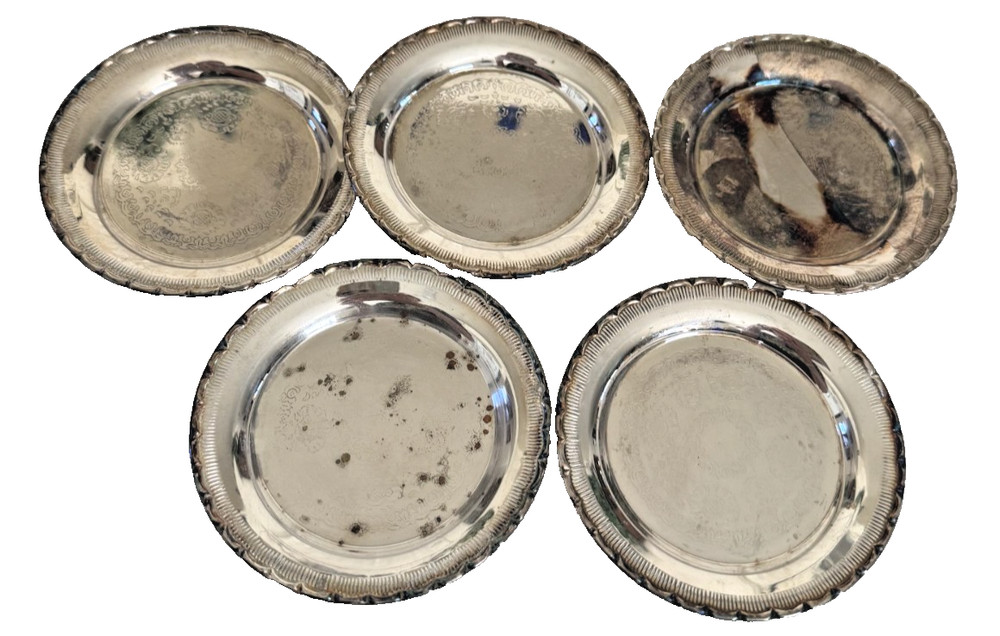 VTG SET OF 5 SILVER PLATE COASTERS (21)