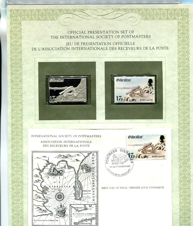 1983 GIBRALTAR POSTMASTERS SILVER STAMP + COVER FIRST DAY ISSUE FRANKLIN MINT
