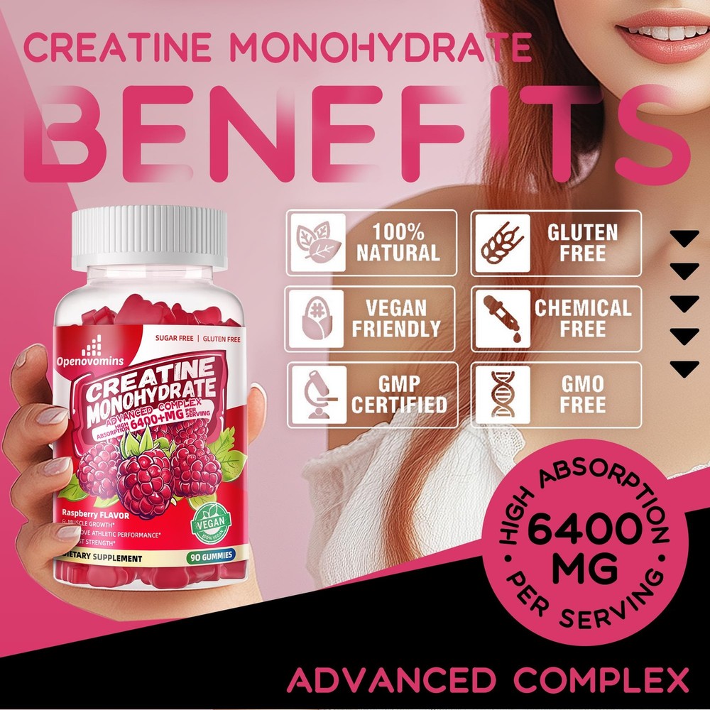 Creatine Monohydrate Gummies Complex 6400mg 90 Count (Pack of 1), Raspberry