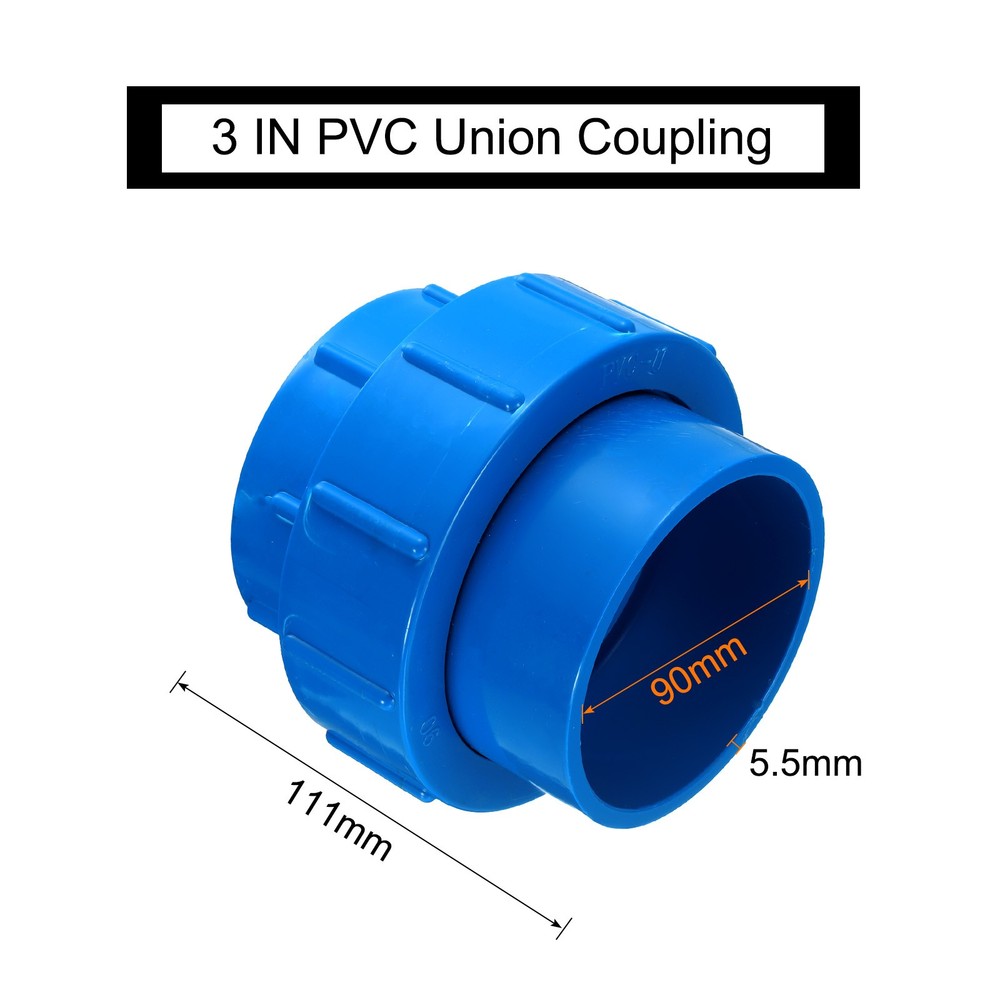 3" Union PVC Coupling Pipe Fitting Adapter, Blue