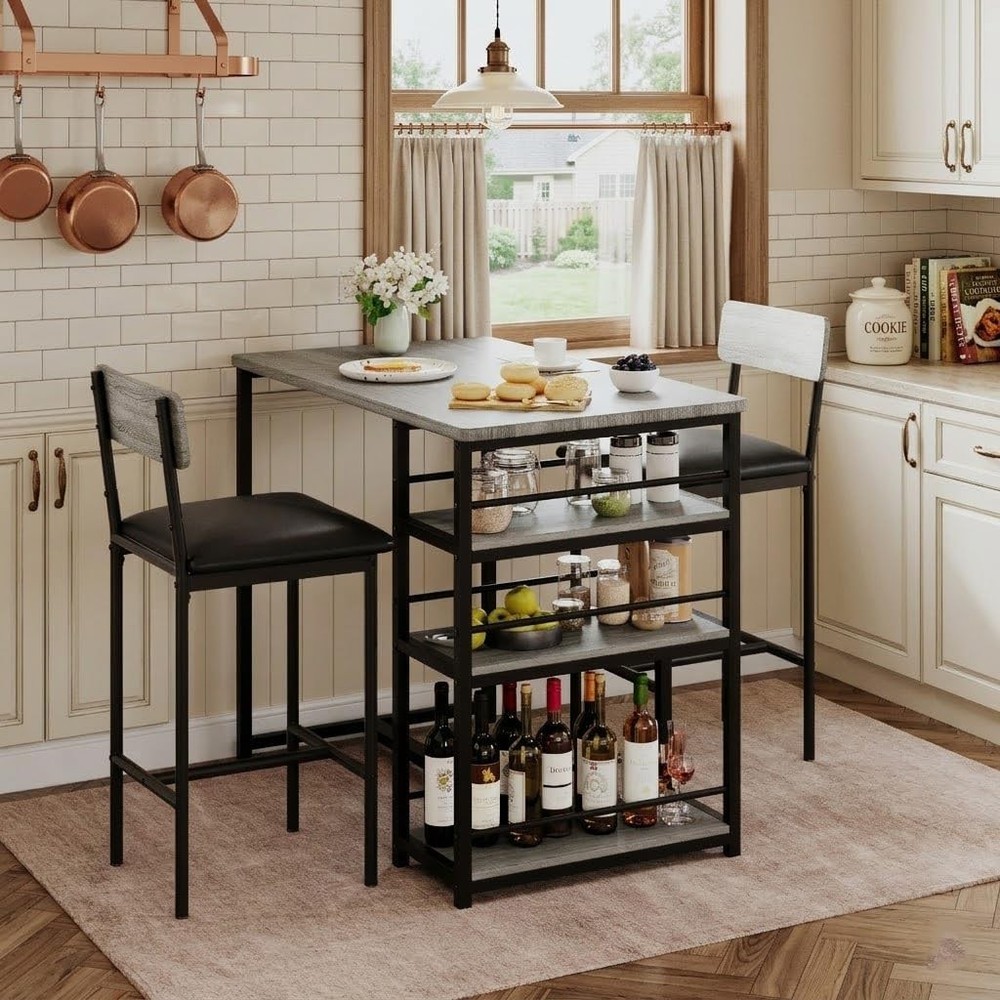 Dining Table Set 2 Counter Height Kitchen Table W/ 2 Upholstered Bar Stools