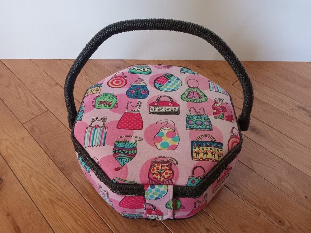 Sewing Box Hexigon Shaped Padded Pink w/ Black Wicker Handle 9" Diameter