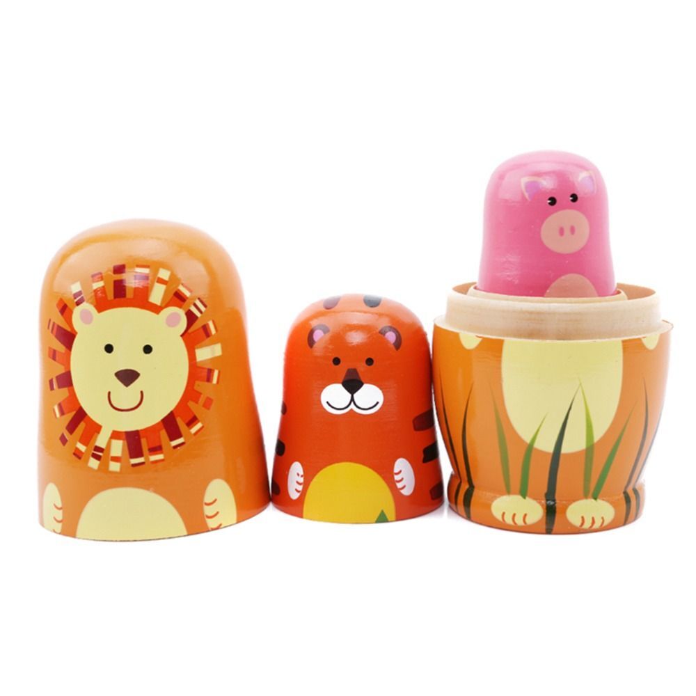 5 Pcs Cute Nesting Dolls Handmade Wooden Different Pattern Animals Pattern Toys