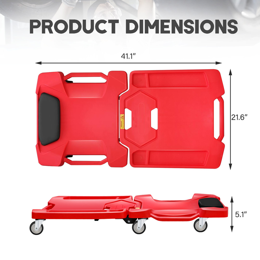 41" FOLDABLE LOW PROFILE ROLLING CREEPER WITH DUAL TOOL TRAYS PADDED HEADREST