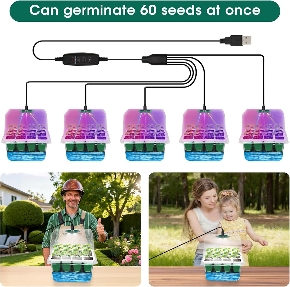 60-Cell Self-Watering Seed Starter Kit with Grow Light - 5-Pack