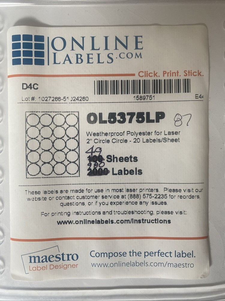 2” Circle Circles Weatherproof Labels For Laser Printer