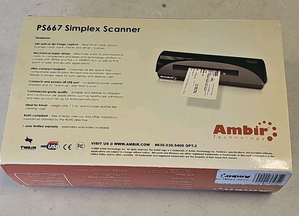 Ambir Technology Image Scan Pro PS667- Simplex Card Scanner Open Box