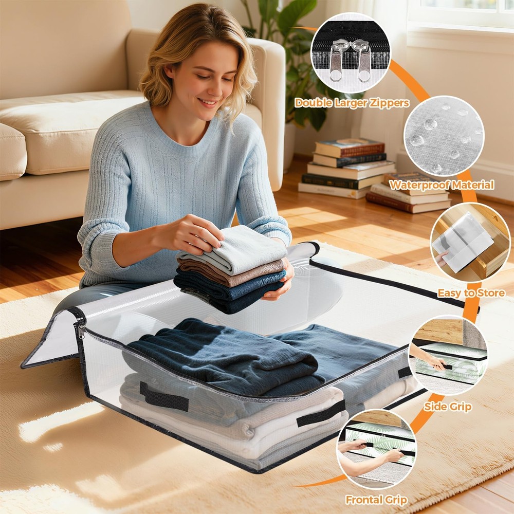 6 Pack Under Bed Storage Bags, 60L Foldable Clear Storage Containers with Han...
