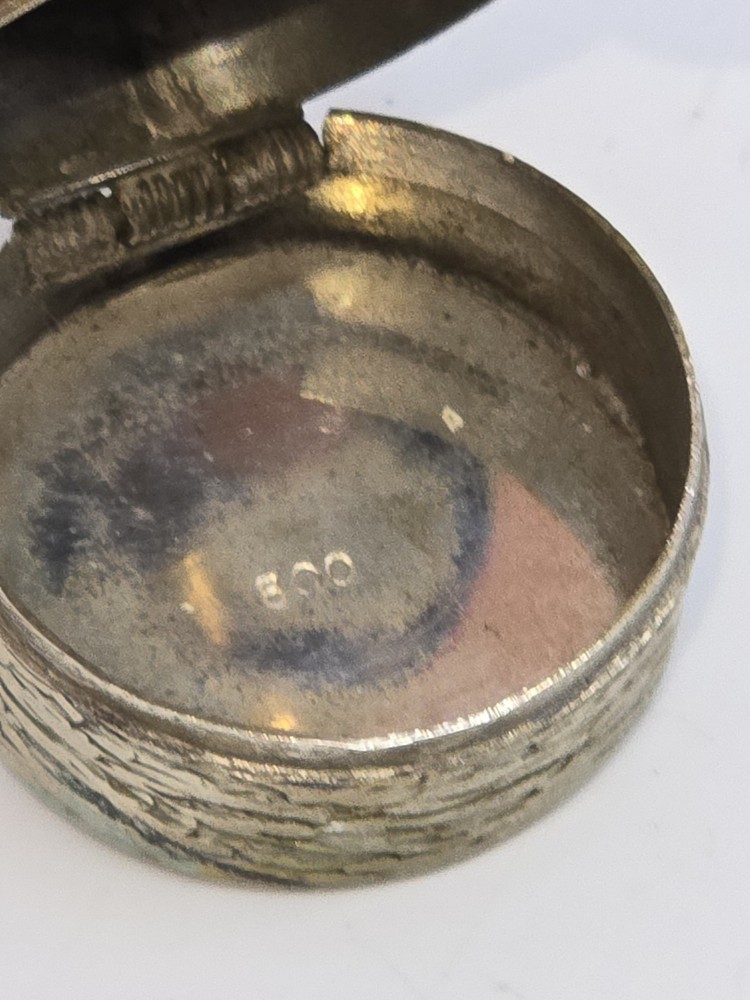 Antique Genuine Turqoise Cabochon Solid 800 Silver Hinged Pill/Snuff Box 1-1/4"D