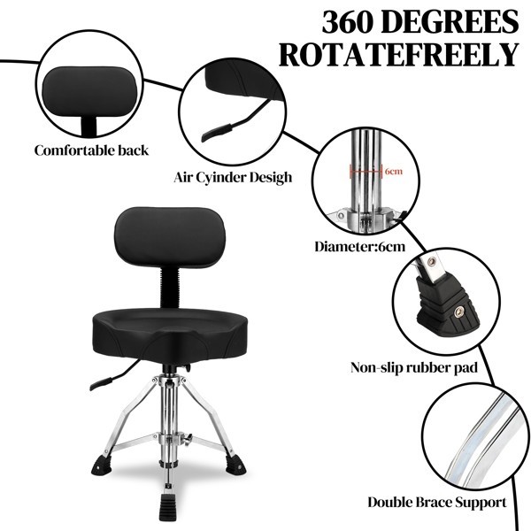 Backrest Drum Stool, Hydraulic Drum Stool with Adjustable Height, Black