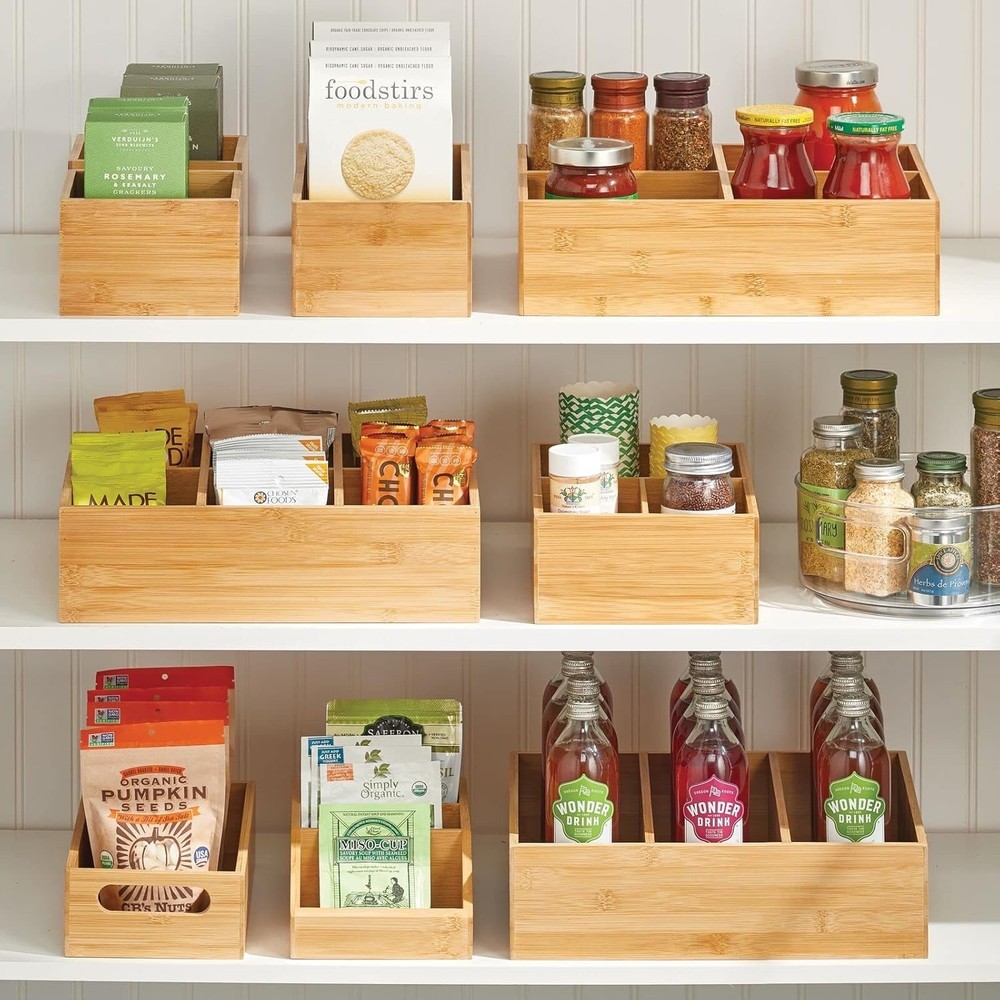 Bamboo Pantry Organizer Bin Box 3 Sections Wooden Stackable Basket Crates Food