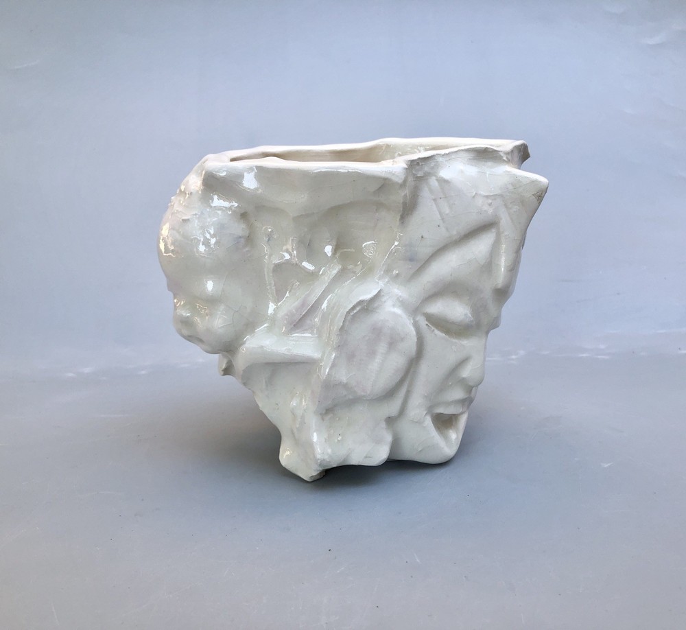 Grotesque White Studio Pottery Doll Face Small Planter Pot