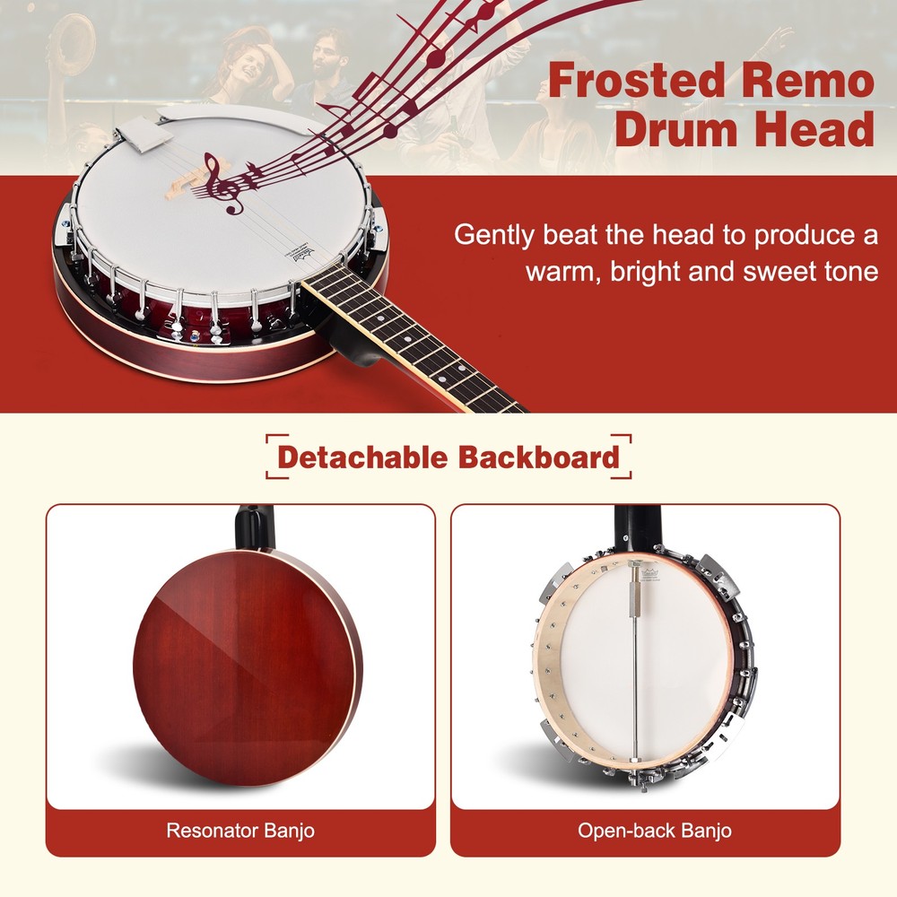 Sonart 5 String Geared Tunable Banjo 24 Brackets Closed Back Remo Head with Case