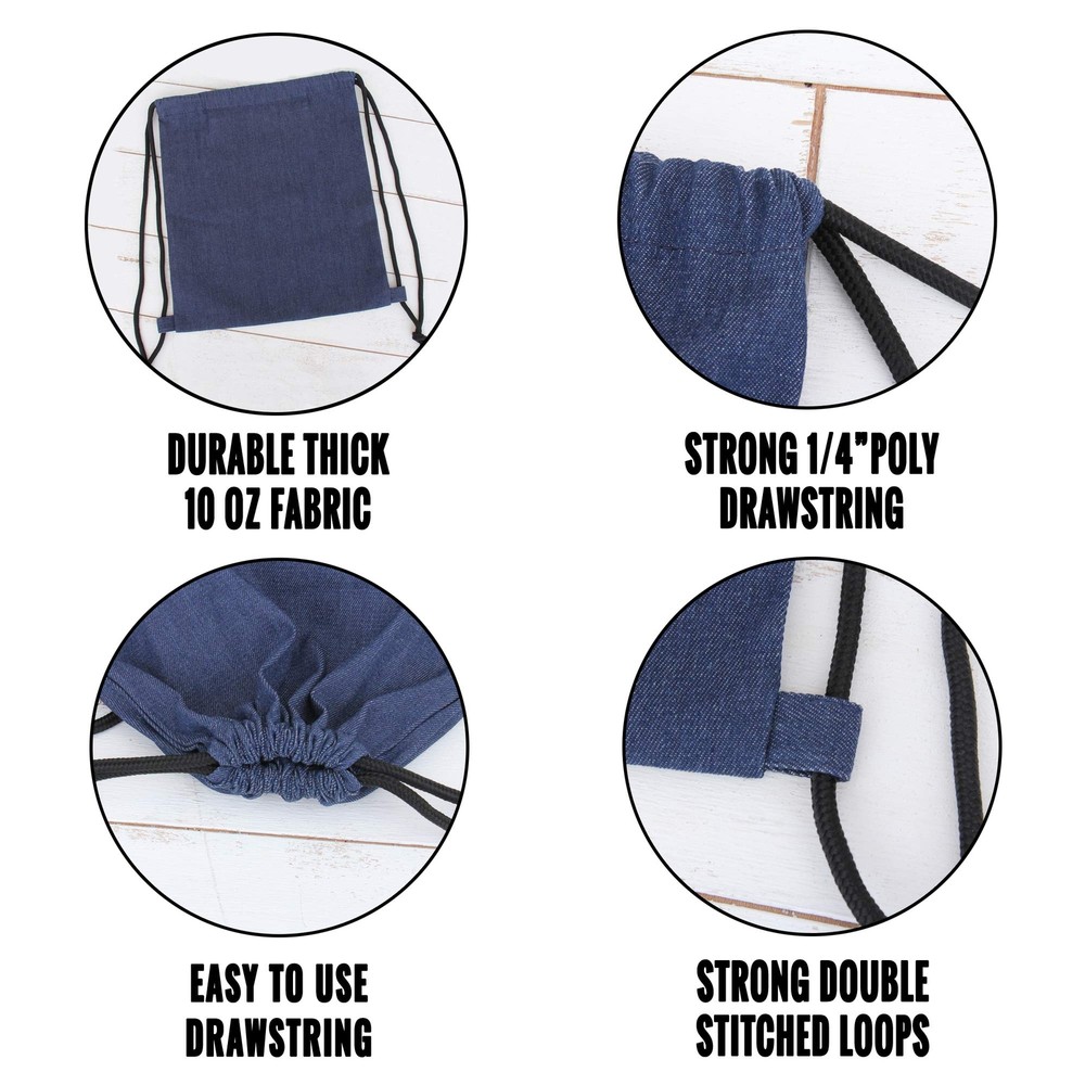Threadart 100% Cotton Drawstring Backpacks - 3 Pack - Denim 15.75" x 13.75"