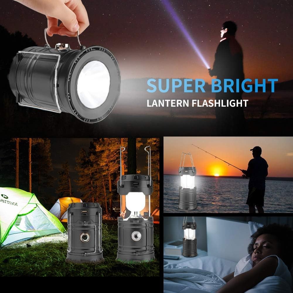 LED Camping Lantern, Solar and Rechargeable Lantern Flashlight Black