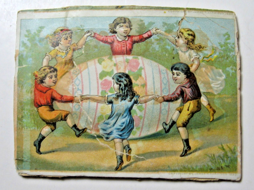 1883 Easter Card with Dancing Children Around Large Decorative Egg