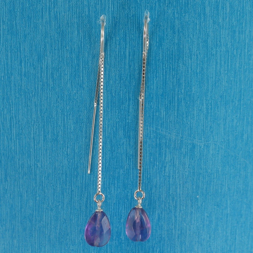 Solid Silver 925 Box Chain Hook Faceted Drop Genuine Amethyst Dangle Earrings