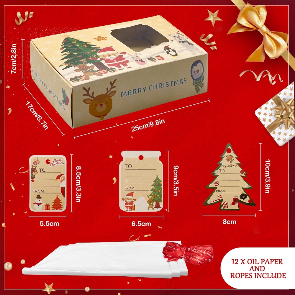 12 Packs Brown Christmas Cookie Boxes with Window for Gift Large, Multicolor